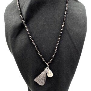 Jet Black Grey Charming Charlie Beaded Boho Tassel Long 17" Necklace w/extender